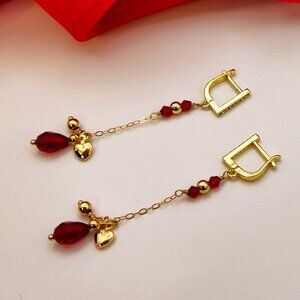 SALE!! Dainty Red Crystal Teardrop with 14K Gold-Filled Heart, Bead and Chain